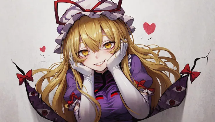 yakumo yukari, (gap \(touhou\):1.2), (multiple eyes:1.1), smug, wide grin, yandere, yandere trance, constricted pupils, hands on own face, blonde hair, long hair, floating hair, yellow eyes, mob cap, purple tabard, frills, white elbow gloves, white background, glory wall, through wall, stuck <lora:gaptouhou:1> <lora:yandere_trance:0.6> <lora:glory_wall_front:0.2>