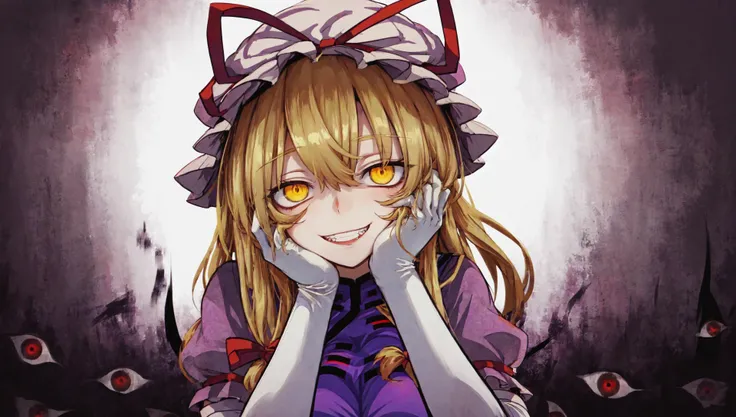 yakumo yukari, (gap \(touhou\):1.3), (multiple eyes:1.1), solo, smug, wide grin, yandere, yandere trance, constricted pupils, hands on own face, blonde hair, long hair, yellow eyes, mob cap, purple tabard, bow frills, white elbow gloves, glowing eyes, purple, <lora:gaptouhou:1> <lora:yandere_trance:0.6>