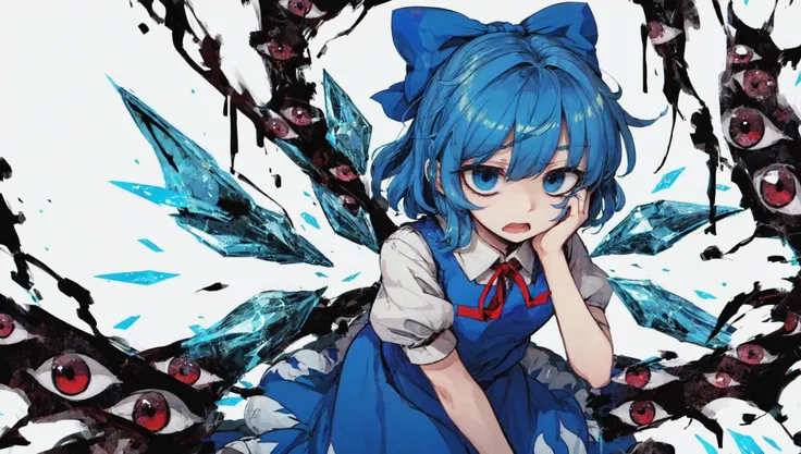 (gap \(touhou\):1.3), (multiple eyes:1.15), cirno, solo, worried, open mouth, scared, hands on own face, ice wings, (blue hairbow:1.1), blue hair, blue eyes, pinafore dress, white background, <lora:gaptouhou:1>