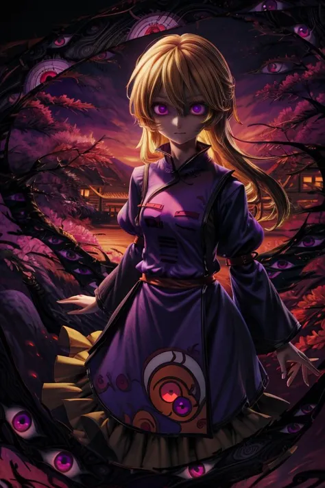 1girl, yakumo_yukari, long hair, blonde hair, purple eyes, smug, white dress, trigram, purple tabard (gap \(touhou\):1.3), multiple eyes, no headwear, (glowing eyes:1.2), portals, (glowing eyes:1.3), cowboy shot
<lora:gaptouhou:1> <lora:detail_slider_v4:0.5> <lora:antiwhite:0.5>