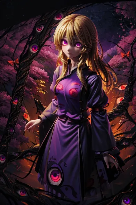 1girl, yakumo_yukari, long hair, blonde hair, purple eyes, smug, white dress, trigram, purple tabard (gap \(touhou\):1.3), multiple eyes, no headwear, (glowing eyes:1.2), portals, (glowing eyes:1.3), cowboy shot
<lora:gaptouhou:1> <lora:detail_slider_v4:0.5> <lora:antiwhite:0.5>