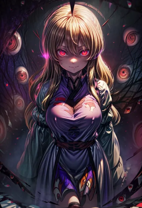 (Highres), (Masterpiece, best quality), Ultra-Detailed, 8k, nsfw, 1girl, yakumo_yukari, long hair, blonde hair, purple eyes, smug, white dress, trigram, purple tabard (gap \(touhou\):1.3), multiple eyes, no headwear, (glowing eyes:1.2), portals, (glowing eyes:1.3), cowboy shot
<lora:gaptouhou:1> <lora:add_detail:1><lora:hairdetailer:0.8>