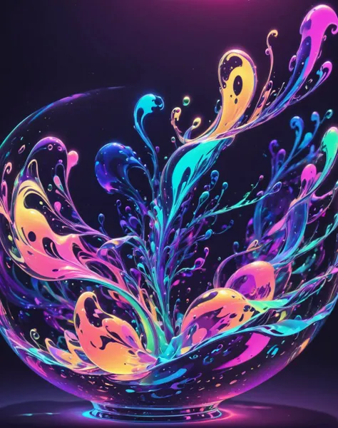 Neon splash of viscous viscous liquid in a confined space with a mixture of bioluminescent colors
