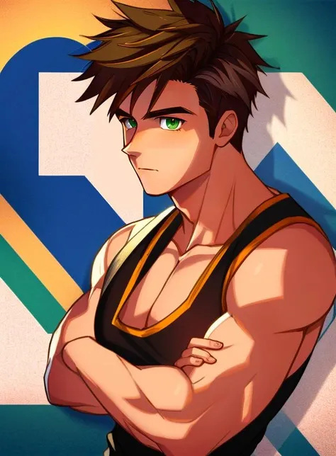 <lora:Alex_Stardew_Valley:1>, Alex_Stardew_Valley, solo, short hair, brown hair, 1boy, closed mouth, green eyes, upper body, male focus, looking to the side, muscular, tank top, pectorals, muscular male, bara, large pectorals, pectoral cleavage, biceps, veiny arms