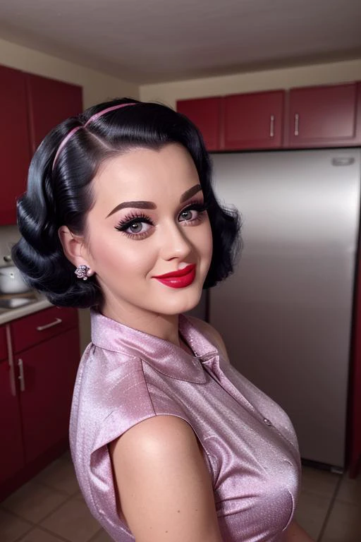 <lora:katyperry-06:0.4>, katyperry,  photo of a woman, ((fifties hair, 50s hairstyle, fifties dress, kitchen, home)), smiling, (lipstick, blush, eye shadow), ((best quality, masterpiece, extreme details, high resolution):1.2),((detailed eyes, beautiful eyes, detailed face, beautiful face):1.2)