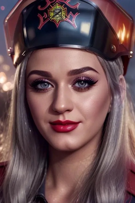 <lora:katyperry-06:0.5>, katyperry, photo of a woman, ((outdoors, fire, at night)),((firefighter uniform, firefighter hat)) smiling, (lipstick, blush, eye shadow), ((best quality, masterpiece, extreme details, high resolution):1.2),((detailed eyes, beautiful eyes, detailed face, beautiful face):1.2)