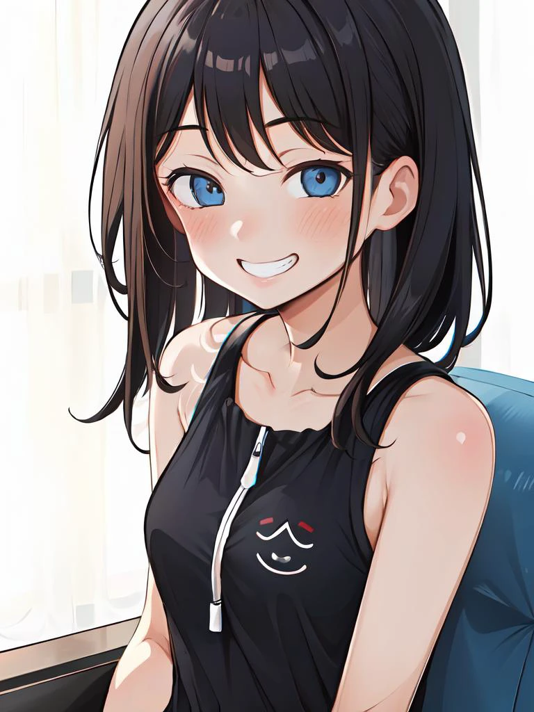 1girl, sitting, facing viewer, upper body, <lora:gyaru_grin_v1.0:1> smiley face, grin