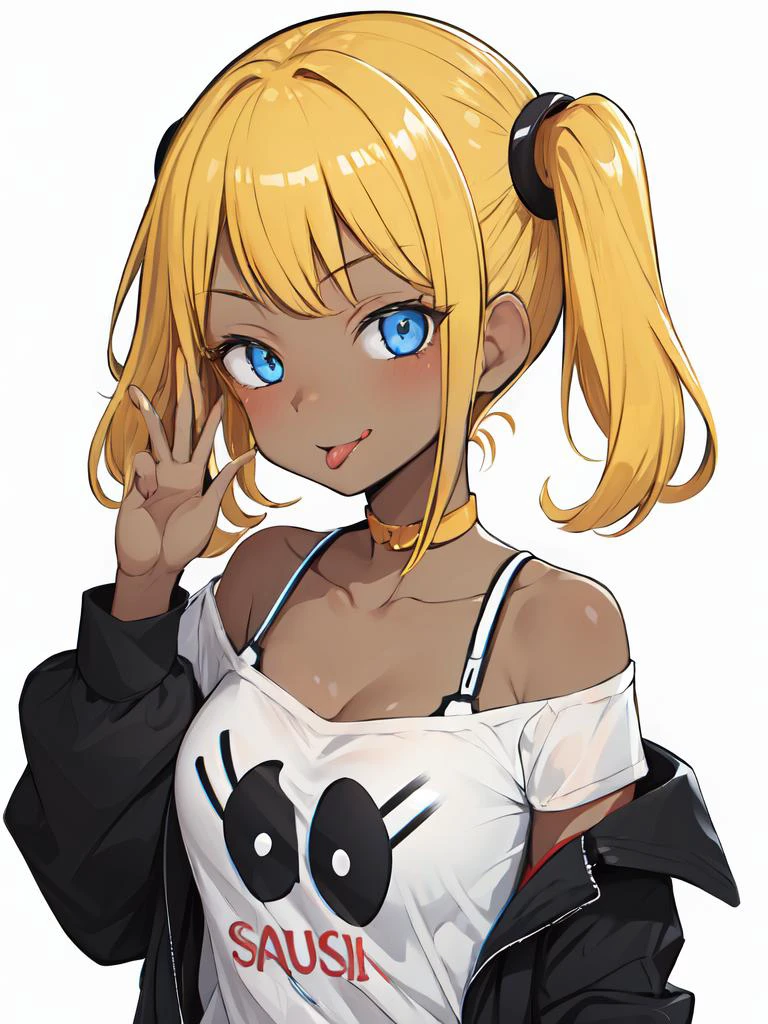 1girl, smiley face, off-shoulder shirt, dark skin, shiny skin, gyaru, tongue out,