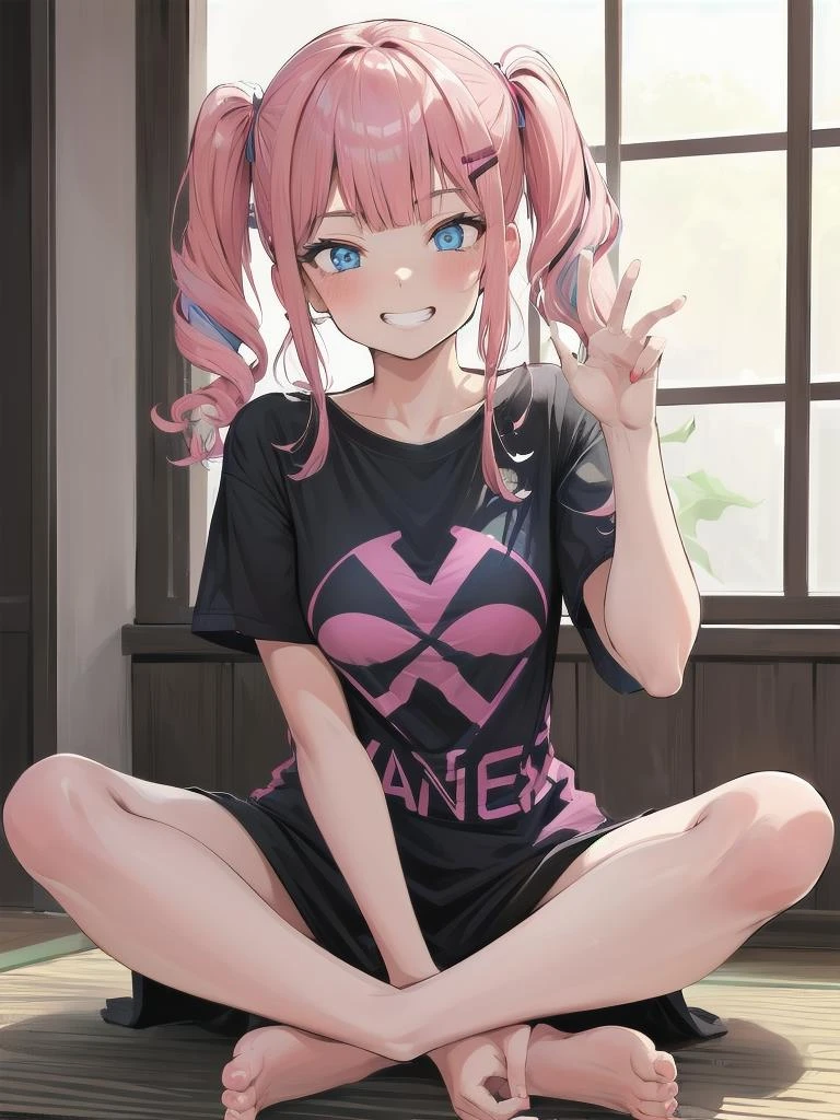 1girl, gyaru, pink hair, grin, victory pose, lotus position, double v, long t-shirt, oversized clothes, bare legs,
indoors,