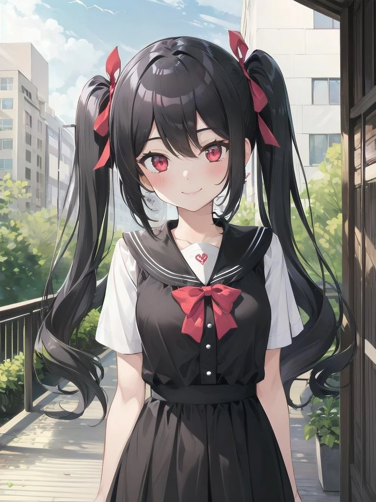 1girl, smile, twintails, red eyes, black hair, facing viewer,
outdoors,