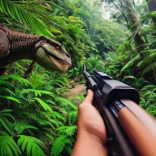 a person is holding a rifle in his hands and firing straight at a dinosaur, the background is a jungle,
intricate details, modelshoot style, dreamlikeart, dramatic lighting. 8k, highly detailed, trending artstation,
FPV