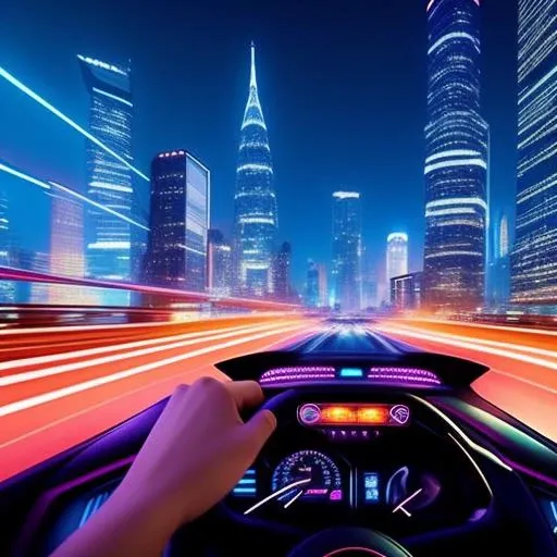a man driving a car in with his hand on steering wheel,  in the background a futuristic city at night time,
intricate details, modelshoot style, dreamlikeart, dramatic lighting. 8k, highly detailed, trending artstation,
FPV