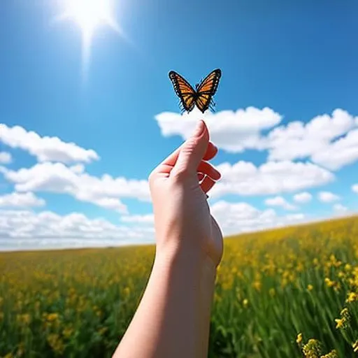a person raising his arm up to the sky with a butterfly on her finger, the background is sunny meadow,
intricate details, modelshoot style, dreamlikeart, dramatic lighting. 8k, highly detailed, trending artstation,
FPV