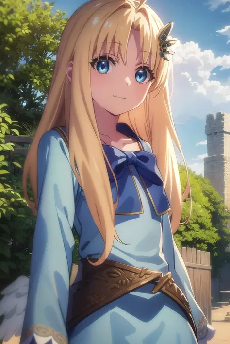 shieldfilo, <lora:shield filo s3-lora-nochekaiser:1>,
filo, long hair, bangs, blue eyes, blonde hair, hair ornament, ahoge, (parted bangs:1.5), hair intakes, smile,
BREAK long sleeves, dress, bow, wings, white dress, blue bow, feathered wings, white wings, bird wings,
BREAK outdoors, nature, forest, sun, sky, clouds, trees, grass, 
BREAK looking at viewer, (cowboy shot:1.5),
BREAK <lyco:GoodHands-beta2:1>, (masterpiece:1.2), best quality, high resolution, unity 8k wallpaper, (illustration:0.8), (beautiful detailed eyes:1.6), extremely detailed face, perfect lighting, extremely detailed CG, (perfect hands, perfect anatomy),