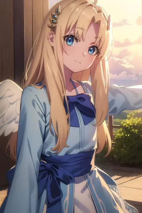shieldfilo, <lora:shield filo s3-lora-nochekaiser:1>,
filo, long hair, bangs, blue eyes, blonde hair, hair ornament, ahoge, (parted bangs:1.5), hair intakes, smile,
BREAK long sleeves, dress, bow, wings, white dress, blue bow, feathered wings, white wings, bird wings,
BREAK outdoors, nature, forest, sun, sky, clouds, trees, grass,
BREAK looking at viewer, (cowboy shot:1.5),
BREAK <lyco:GoodHands-beta2:1>, (masterpiece:1.2), best quality, high resolution, unity 8k wallpaper, (illustration:0.8), (beautiful detailed eyes:1.6), extremely detailed face, perfect lighting, extremely detailed CG, (perfect hands, perfect anatomy),