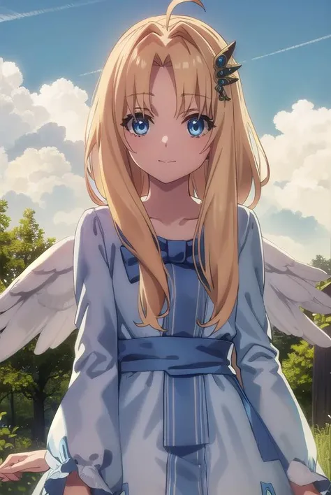 shieldfilo, <lora:shield filo s3-lora-nochekaiser:1>,
filo, long hair, bangs, blue eyes, blonde hair, hair ornament, ahoge, (parted bangs:1.5), hair intakes, smile,
BREAK long sleeves, dress, bow, wings, white dress, blue bow, feathered wings, white wings, bird wings,
BREAK outdoors, nature, forest, sun, sky, clouds, trees, grass,
BREAK looking at viewer, (cowboy shot:1.5),
BREAK <lyco:GoodHands-beta2:1>, (masterpiece:1.2), best quality, high resolution, unity 8k wallpaper, (illustration:0.8), (beautiful detailed eyes:1.6), extremely detailed face, perfect lighting, extremely detailed CG, (perfect hands, perfect anatomy),