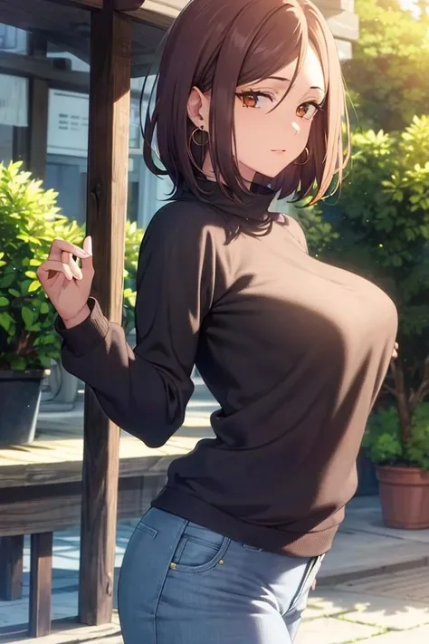 (masterpiece:1.2, best quality), (finely detailed beautiful eyes: 1.2), solo focus, (extremely detailed CG unity 8k wallpaper, masterpiece, best quality, ultra-detailed, best shadow), (detailed background), (beautiful detailed face, beautiful detailed eyes), 1girl, shoko , brown hair, brown eyes,oversized sweater, long sleeves, jeans, casual clothes, jewelry, earrings, High contrast, beautiful sexy woman, adult, (best illumination, an extremely delicate and beautiful),(simple backround, outdoors), looking at viewer,beautiful detailed glow,