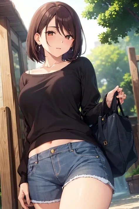 (masterpiece:1.2, best quality), (finely detailed beautiful eyes: 1.2), solo focus, (extremely detailed CG unity 8k wallpaper, masterpiece, best quality, ultra-detailed, best shadow), (detailed background), (beautiful detailed face, beautiful detailed eyes), 1girl, shoko , brown hair, brown eyes,oversized sweater, long sleeves, jeans, casual clothes, jewelry, earrings, High contrast, beautiful sexy woman, adult, (best illumination, an extremely delicate and beautiful),(simple backround, outdoors), looking at viewer,beautiful detailed glow,