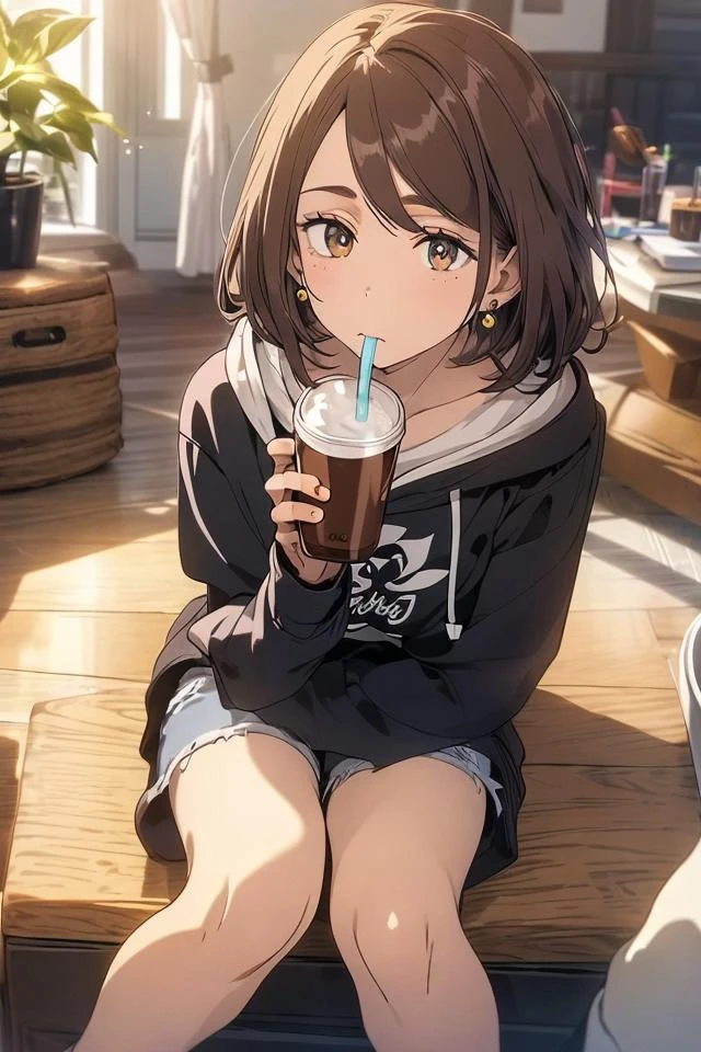 (masterpiece:1.2, best quality), (finely detailed beautiful eyes: 1.2), solo focus, (extremely detailed CG unity 8k wallpaper, masterpiece, best quality, ultra-detailed, best shadow), (detailed background), (beautiful detailed face, beautiful detailed eyes), 1girl, shoko , brown hair, brown eyes,oversized hoodie, long sleeves, shorts, sitting on couch, sofa, drinking from a cup, drinking coffee, living room, casual clothes, earrings, High contrast, beautiful sexy woman, adult, (best illumination, an extremely delicate and beautiful),(simple backround, indoors), looking at viewer,beautiful detailed glow,