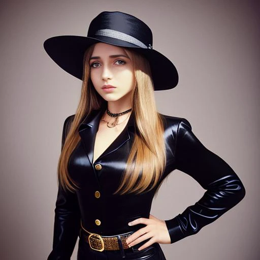 an analog photograph by albert watson of a lady looking like GabiG9-200 wearing a stylish yet timeless outfit, blending seamlessly with the retro-futuristic aesthetic and a fedora,