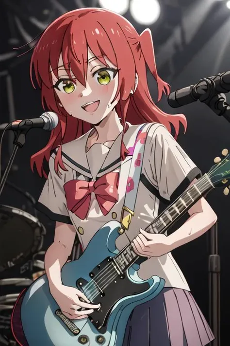 best quality, masterpiece, highres, solo, {kita_ikuyo_bocchitherock:1.15}, red_hair, long_hair, bangs, hair_between_eyes, one_side_up, green_eyes, smile, black_shirt, electric_guitar, guitar, instrument, shirt, holding, 1girl, holding_instrument, microphone, upper_body, gibson_les_paul, yellow_eyes, microphone_stand, looking_at_viewer, open_mouth, short_sleeves, music, sweat, sweatdrop