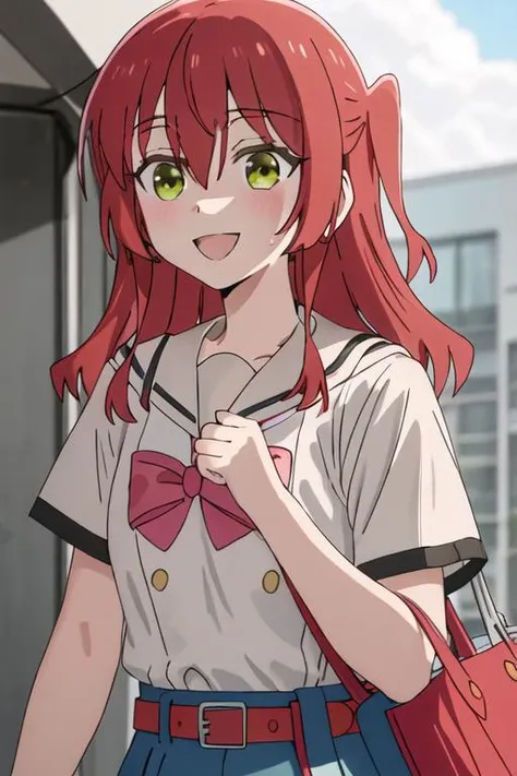 best quality, masterpiece, highres, solo, {kita_ikuyo_bocchitherock:1.15}, red_hair, long_hair, bangs, hair_between_eyes, one_side_up, green_eyes, smile, 1girl, shirt, upper_body, white_shirt, blurry, blurry_background, outdoors, open_mouth, belt, looking_at_viewer