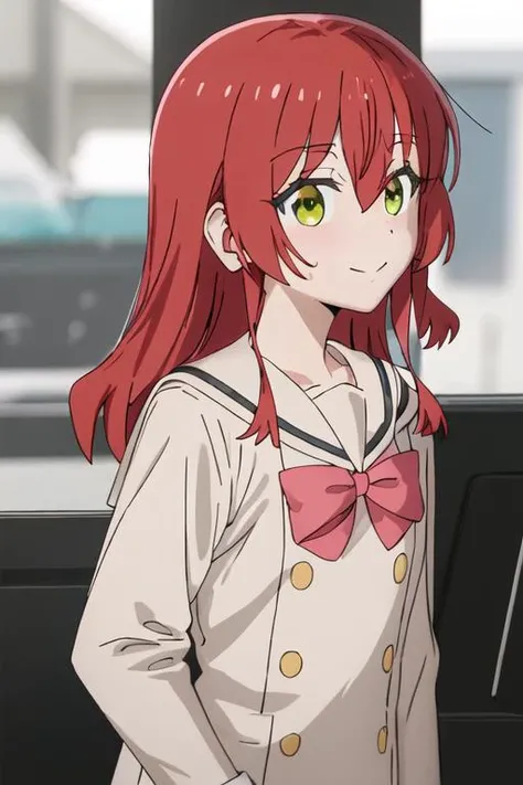 best quality, masterpiece, highres, solo, {kita_ikuyo_bocchitherock:1.15}, red_hair, long_hair, bangs, hair_between_eyes, one_side_up, green_eyes, smile, 1girl, looking_at_viewer, parody, sailor_collar, school_uniform, blurry, blurry_background, closed_mouth