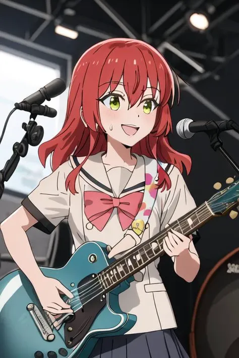 best quality, masterpiece, highres, solo, {kita_ikuyo_bocchitherock:1.15}, red_hair, long_hair, bangs, hair_between_eyes, one_side_up, green_eyes, smile, 1girl, bow, electric_guitar, guitar, holding, holding_instrument, instrument, microphone, music, red_bow, sailor_collar, school_uniform, short_sleeves, upper_body, open_mouth, serafuku, shirt, blurry, blurry_background, fence, gibson_les_paul, playing_instrument, sweat, white_sailor_collar