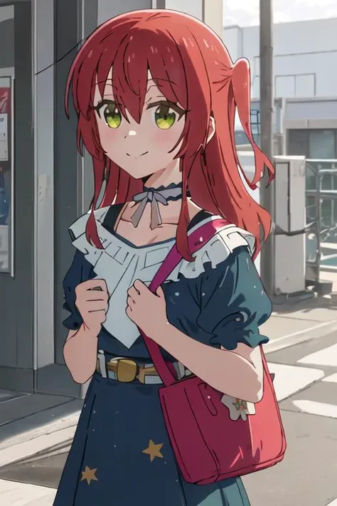 best quality, masterpiece, highres, solo, {kita_ikuyo_bocchitherock:1.15}, red_hair, long_hair, bangs, hair_between_eyes, one_side_up, green_eyes, smile, 1girl, bag, blue_dress, blush, choker, dress, frills, short_sleeves, arm_up, closed_mouth, looking_at_viewer, outdoors, shoulder_bag, star_\(symbol\), star_print