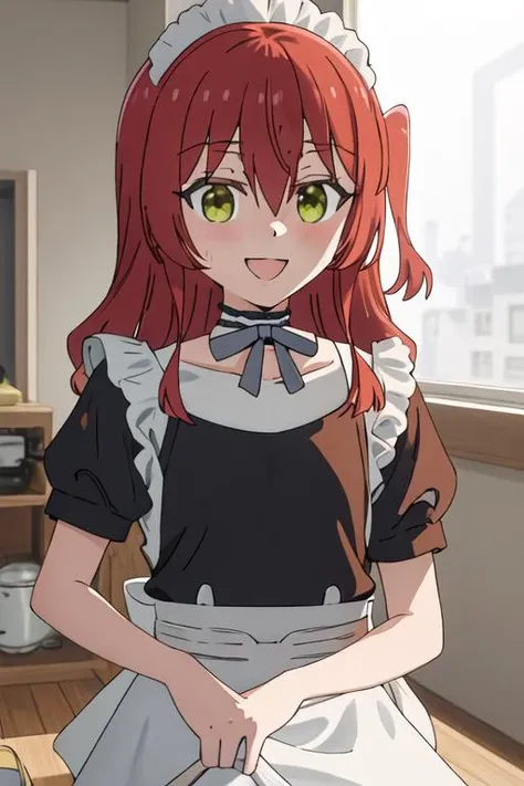 best quality, masterpiece, highres, solo, {kita_ikuyo_bocchitherock:1.15}, red_hair, long_hair, bangs, hair_between_eyes, one_side_up, green_eyes, smile, 1girl, apron, blush, maid, maid_apron, maid_headdress, closed_eyes, upper_body, :d, open_mouth, facing_viewer, indoors