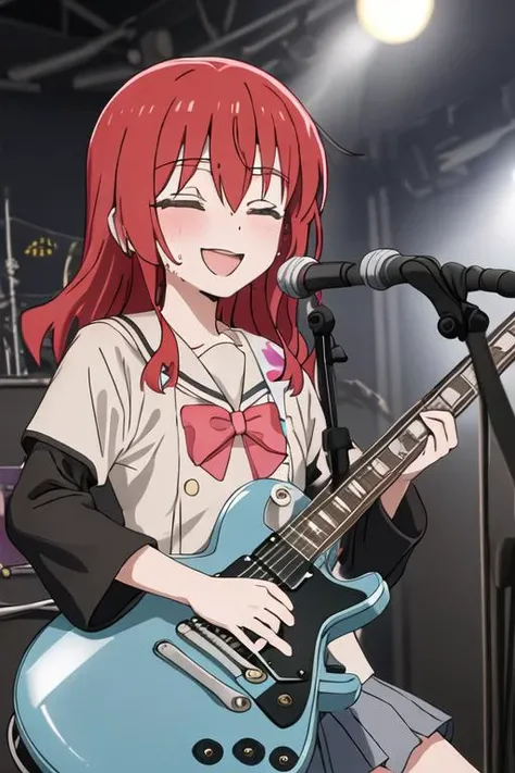 best quality, masterpiece, highres, solo, {kita_ikuyo_bocchitherock:1.15}, red_hair, long_hair, bangs, hair_between_eyes, one_side_up, green_eyes, smile, 1girl, black_shirt, blush, electric_guitar, guitar, holding, holding_instrument, instrument, music, open_mouth, shirt, short_sleeves, sweat, upper_body, :d, closed_eyes, gibson_les_paul, playing_instrument