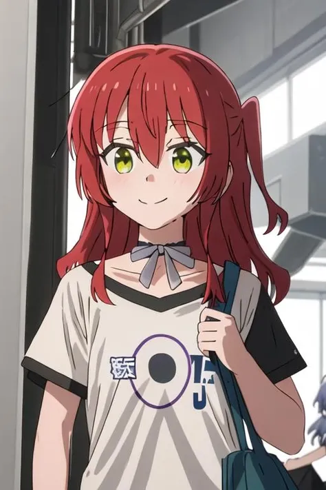 best quality, masterpiece, highres, solo, {kita_ikuyo_bocchitherock:1.15}, red_hair, long_hair, bangs, hair_between_eyes, one_side_up, green_eyes, smile, 2girls, black_shirt, multiple_girls, shirt, solo_focus, closed_mouth, short_sleeves, t-shirt, upper_body, out_of_frame, purple_hair