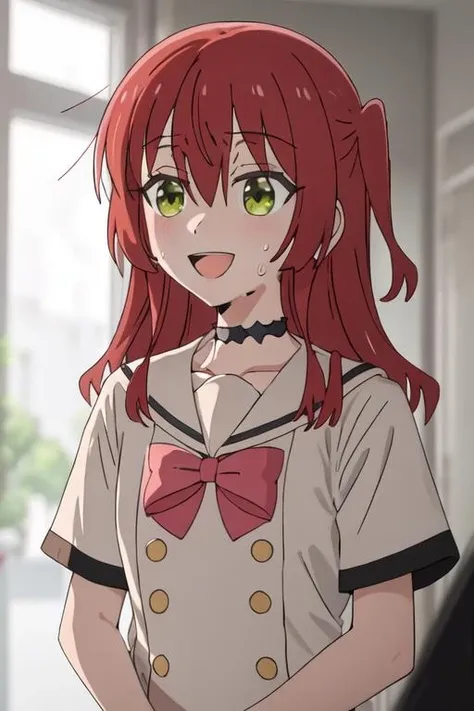 best quality, masterpiece, highres, solo, {kita_ikuyo_bocchitherock:1.15}, red_hair, long_hair, bangs, hair_between_eyes, one_side_up, green_eyes, smile, 1girl, blurry, blurry_background, choker, looking_away, open_mouth, sweat, sweatdrop, parody, portrait, :d, collarbone