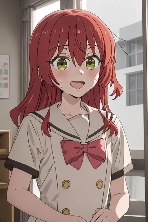 best quality, masterpiece, highres, solo, {kita_ikuyo_bocchitherock:1.15}, red_hair, long_hair, bangs, hair_between_eyes, one_side_up, green_eyes, smile, 1girl, blush, indoors, looking_at_viewer, sailor_collar, school_uniform, sweatdrop, white_sailor_collar, window, parody, :d, curtains, open_mouth, sweat, blurry, blurry_background, serafuku