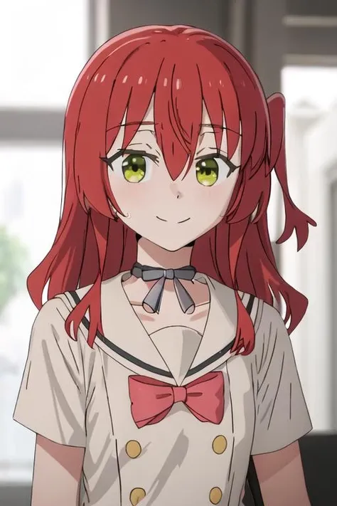 best quality, masterpiece, highres, solo, {kita_ikuyo_bocchitherock:1.15}, red_hair, long_hair, bangs, hair_between_eyes, one_side_up, green_eyes, smile, 1girl, choker, closed_mouth, collarbone, blurry, blurry_background, looking_away, upper_body, portrait