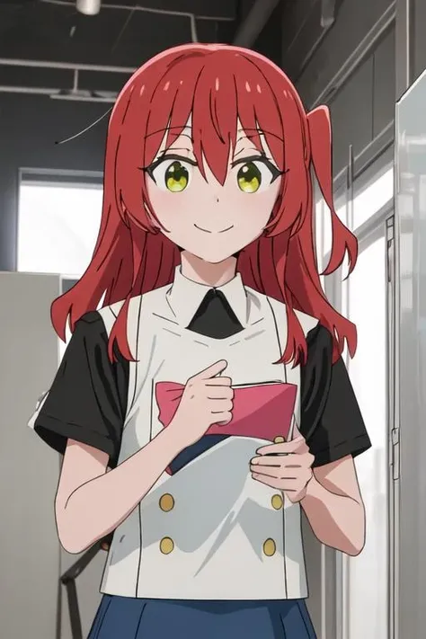 best quality, masterpiece, highres, solo, {kita_ikuyo_bocchitherock:1.15}, red_hair, long_hair, bangs, hair_between_eyes, one_side_up, green_eyes, smile, 1girl, upper_body, black_shirt, closed_mouth, shirt, short_sleeves, indoors