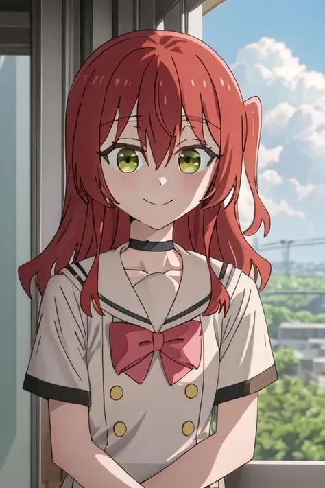 best quality, masterpiece, highres, solo, {kita_ikuyo_bocchitherock:1.15}, red_hair, long_hair, bangs, hair_between_eyes, one_side_up, green_eyes, smile, 2girls, multiple_girls, yellow_eyes, closed_mouth, day, outdoors, side_ponytail, sky, solo_focus, choker, cloud, blonde_hair, pink_hair, yuri