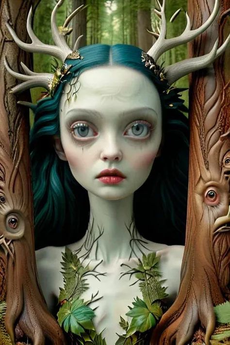 Young beautiful woman sitting in Tim Burton-inspired gardwn. Garden is full of peculiar creatures with big eyes. Girl is voluptuous, has giant breasts, auburn long wavy hair, (topless), The forest is a blend of anime aesthetics and Burtonesque surrealism,(hand drawn with pencil:1.2), (tim burton style:1.27), curvy body, hourglass figure, ultra detailed, intricate, dynamic poses, morning light, fantasy art, big eyes, mysterious