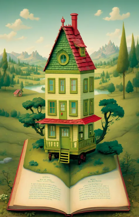 children story book, illustration, concept art, pop-up book in the shape of a tiny house in the shape of a book in a verdant valley, (art by Mark Ryden:1.2), <lora:Mark_Ryden:1>