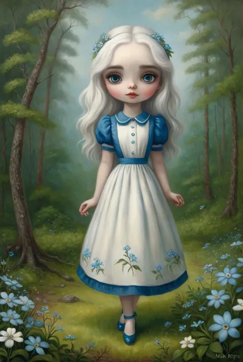 painting of a young woman has white hair with blue streaks,  dressed in a white and blue summer dress,  surrounded by wild forget-me-not flowers, in a lush green forest, professional model shoot,  painting by Mark Ryden
 <lora:Mark_Ryden_2:1>