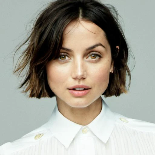 <lora:ada_loha:1>ada, ana de armas, 1girl, solo, looking at viewer, short hair, upper body, shirt, brown hair, parted lips, white shirt, realistic, lips, nose, black hair