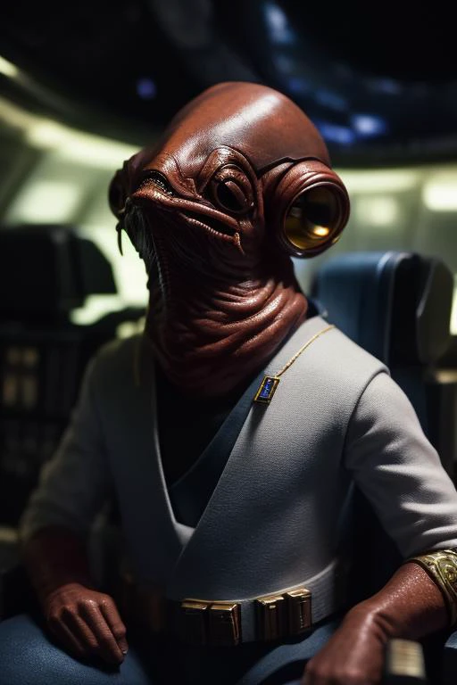 solo, 1man, photography, admiralackbar sit on cockpit spaceship, detail, realistic, ornate, space, planet, galaxy <lora:ARWAdmiralAckbar:1>, Photorealistic, Hyperrealistic, Hyperdetailed, High Detail, film photography, soft focus