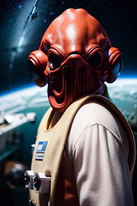 solo, 1man, admiralackbar man in spaceship, laser gun, detail, realistic, ornate, space, planet, galaxy, dim light <lora:ARWAdmiralAckbar:1>, Photorealistic, Hyperrealistic, Hyperdetailed, High Detail, film photography, soft focus
