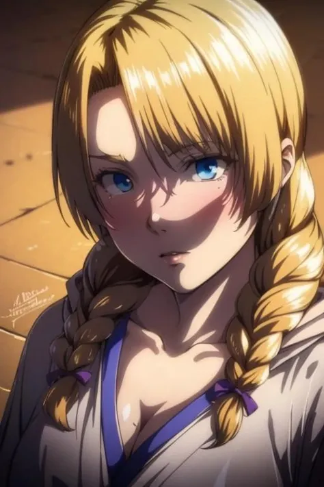 <lora:daozei-08:0.8>Golden hair, blue eyes,White robe, blue shawl,braid, Purple belt,wimple((extremely realistic shading, masterpiece, extremely detailed, photorealistic))