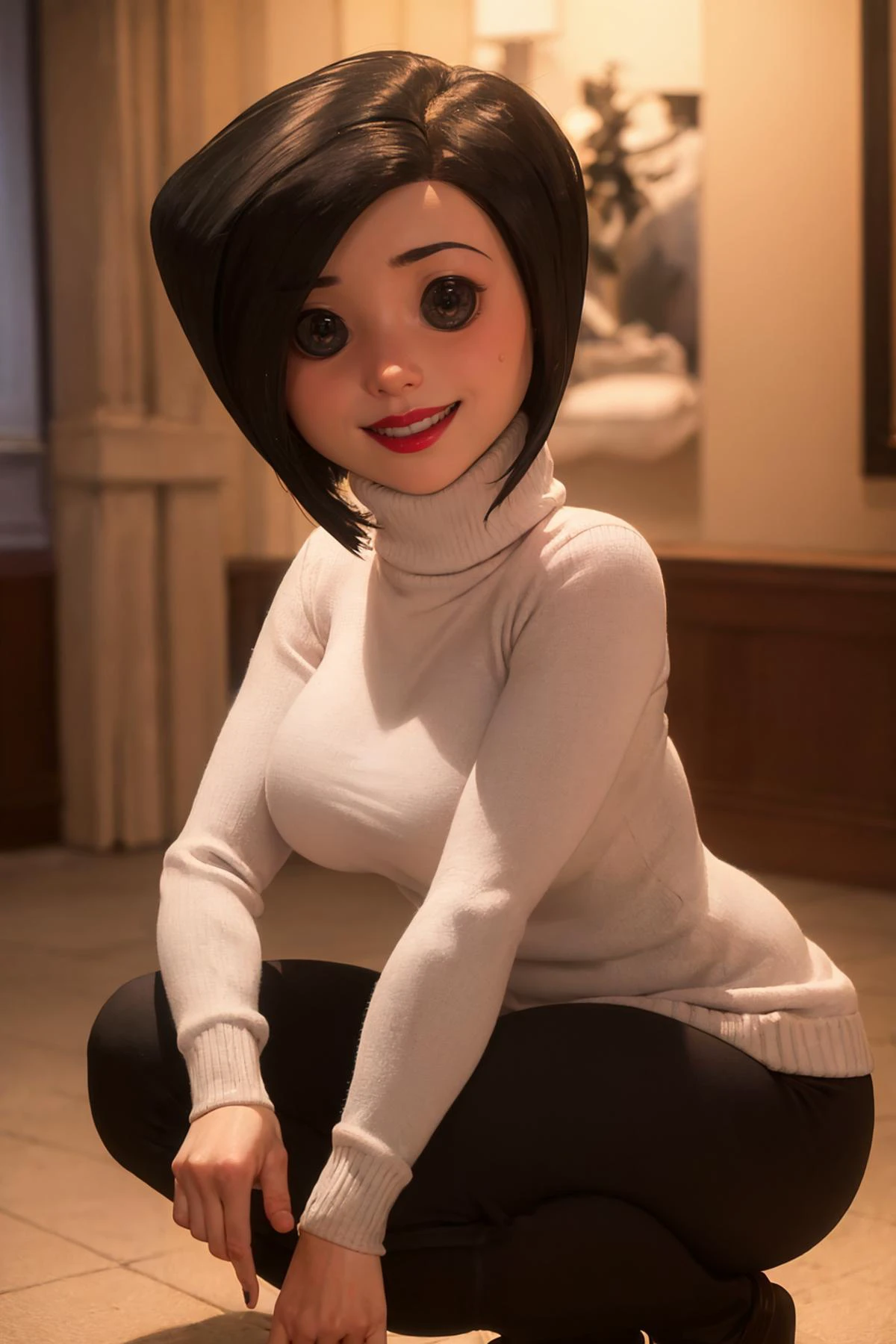 (masterpiece, best quality:1.2), <lora:othermother:.9>, other mother, 1girl, solo, black hair, pants, sweater, short hair, breasts, black pants, turtleneck, black eyes, white sweater, lipstick, makeup, red lips, large breasts, long sleeves, turtleneck sweater, @ @, sweat, open mouth, looking at viewer, arm up, smile, indoors, dark room, stage lights, stage curtains, stage, squatting,