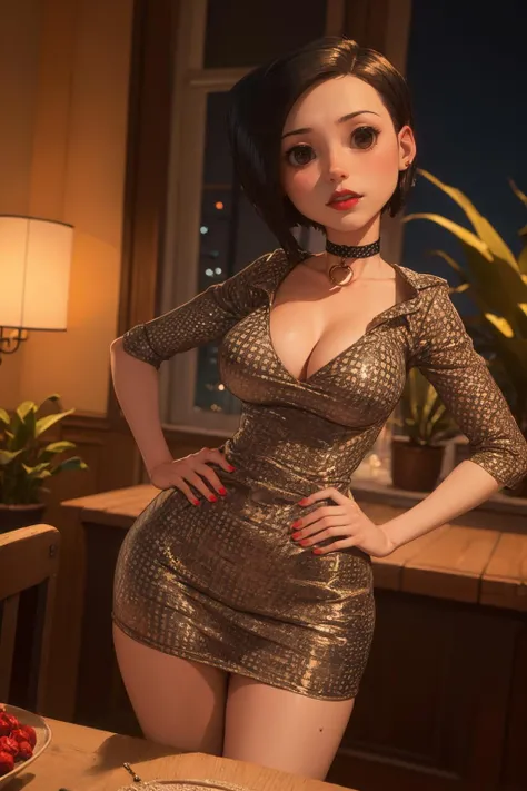 (masterpiece, best quality:1.2), <lora:othermother:.9>, other mother, 1girl, solo, dress, short hair, black hair, choker, @ @, breasts, red choker, large breasts, mole under mouth, polka dot dress, red lips, collar, collared dress, looking at viewer, hand on hip, night, table, skindentation, plant