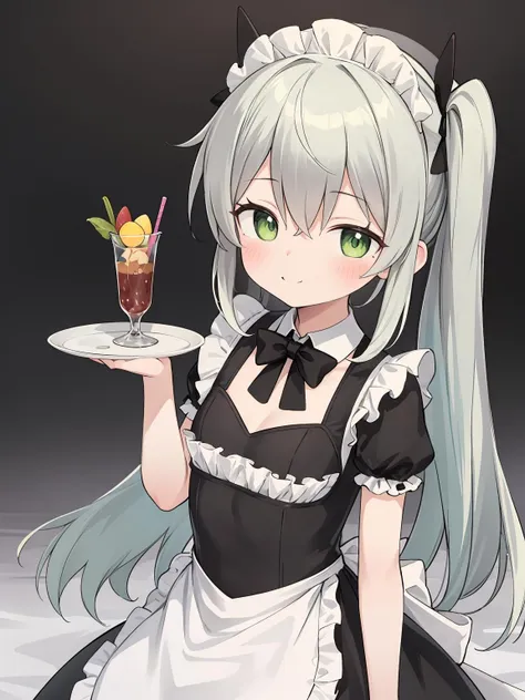 masterpiece, best quality, 1girl, solo, long_hair, looking_at_viewer, blush, smile, bangs, green_eyes, maid, maid headdress, grey_hair, multicolored_hair, green_hair, side ponytail, gradient_hair, standing, <lora:aak-000020:1>