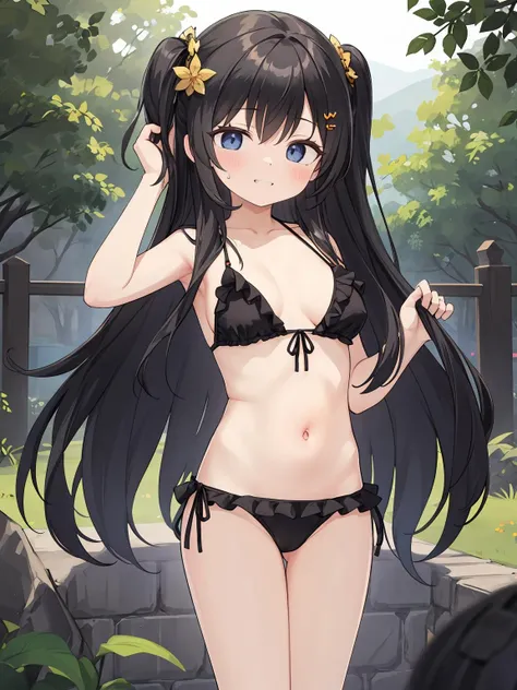 masterpiece, best quality, 1girl, solo, long_hair, hair hair ornament, black_hair, forest, outdoors, evil_smile, standing, navel, frilled_bikini, swimsuit, frills, medium_breasts,<lora:aak-000020:1>