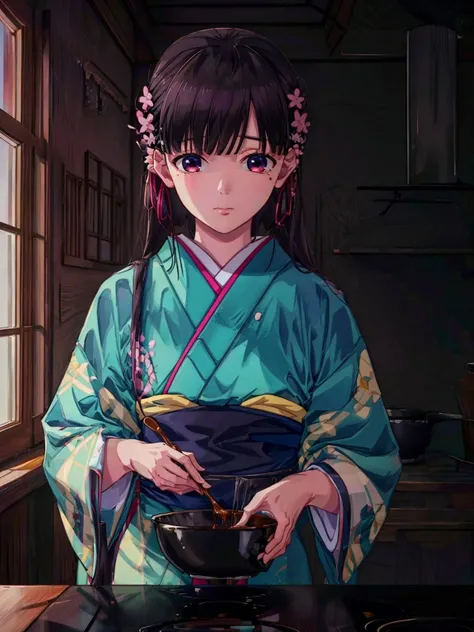 MiyoSaimori, 1girl, solo, blue kimono, cooking, looking down, japanese clothes, hair ornament, hair flower, kitchen background, <lora:MiyoSaimori:0.7> <lora:add_detail:0.5>