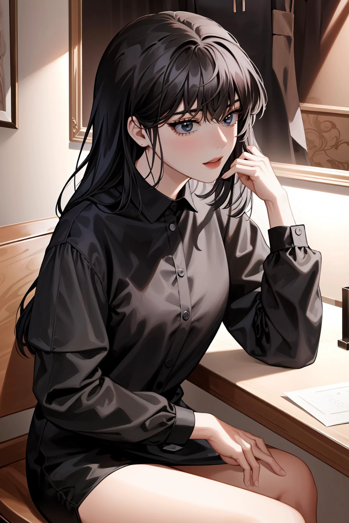 (masterpiece, best quality:1.2), intricate details, <lyco:GoodHands-beta2:1>, <lora:han_sooyoung-000012:1>, han sooyoung, 1girl, bangs, black shirt, long sleeves